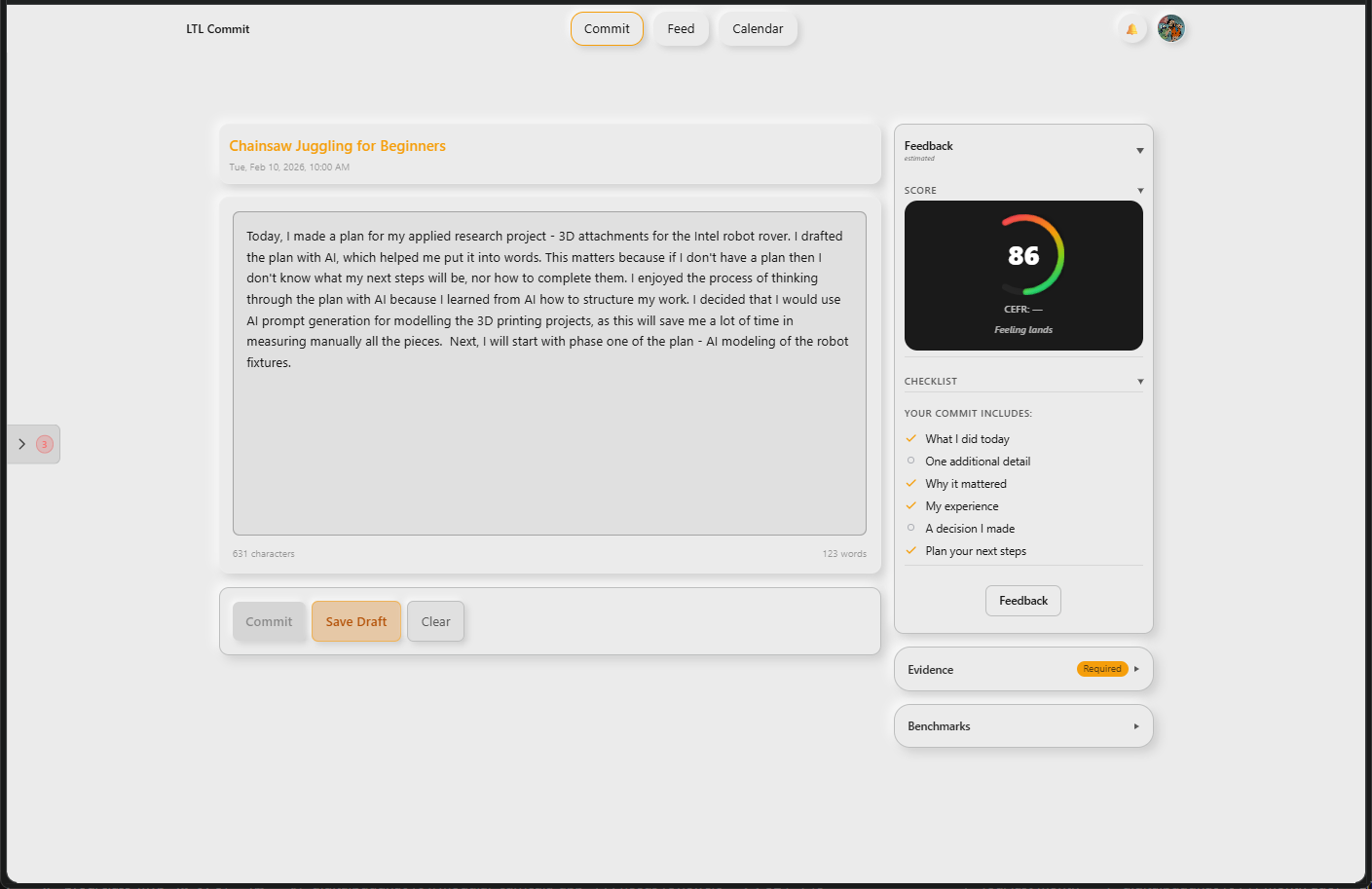 LTL Commit page showing a student commit record.